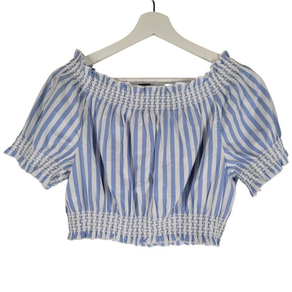 J Crew Blue White Stripe Smocked Off Shoulder Crop Top Shirt Size S